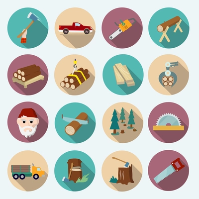 Lumberjack woodcutter flat icons set of axe working tools isolated vector illustration