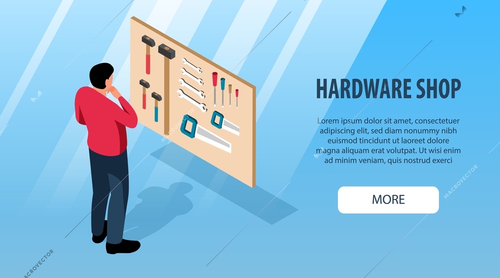 Isometric horizontal banner with man choosing hammer screwdriver spanner saw at hardware shop 3d vector illustration