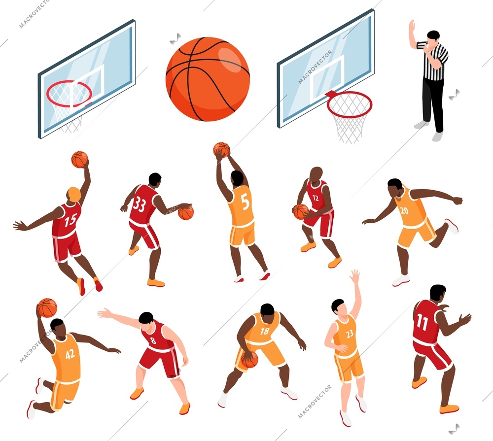 Isometric icons set with basketball players ball basket and referee 3d isolated vector illustration