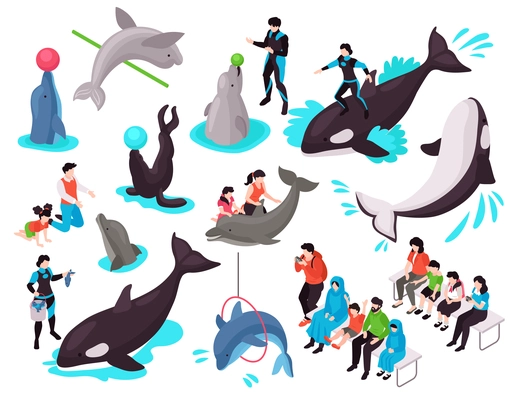 Show in dolphinarium isometric set with adult and child characters looking at seal dolphin orca performing exercises isolated vector illustration