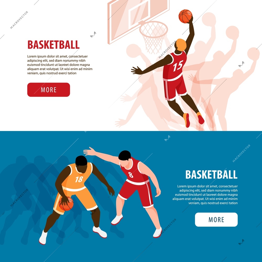 Isometric set of two horizontal banners with basketball players during match 3d isolated vector illustration