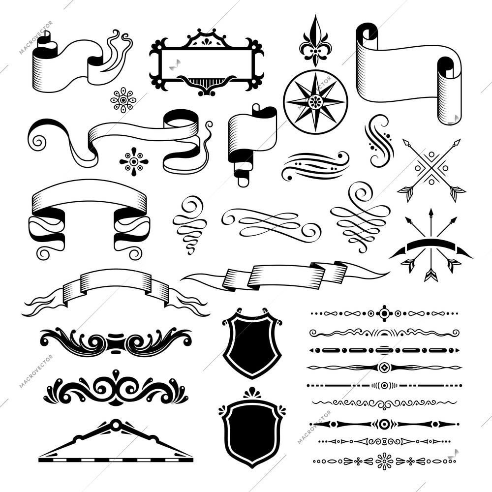 Retro vintage design elements set with isolated decorations shields and empty ribbons with ornate divider lines vector illustration