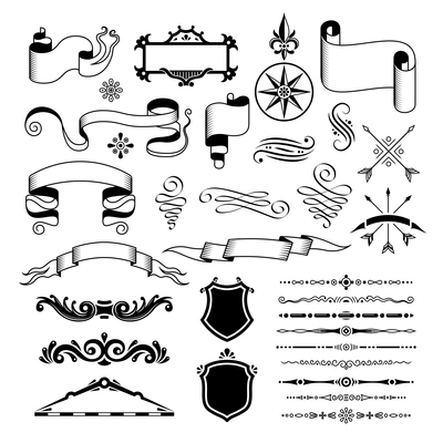 Retro vintage design elements set with isolated decorations shields and empty ribbons with ornate divider lines vector illustration