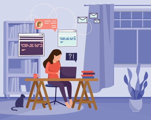 Freelance and remote workers flat background with domestic scenery and woman working at home with laptop vector illustration