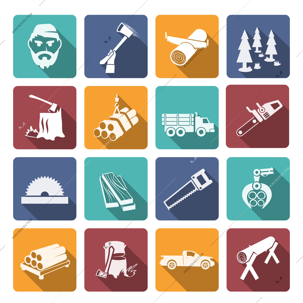 Lumberjack woodcutter flat icons set of carpentry equipment isolated vector illustration