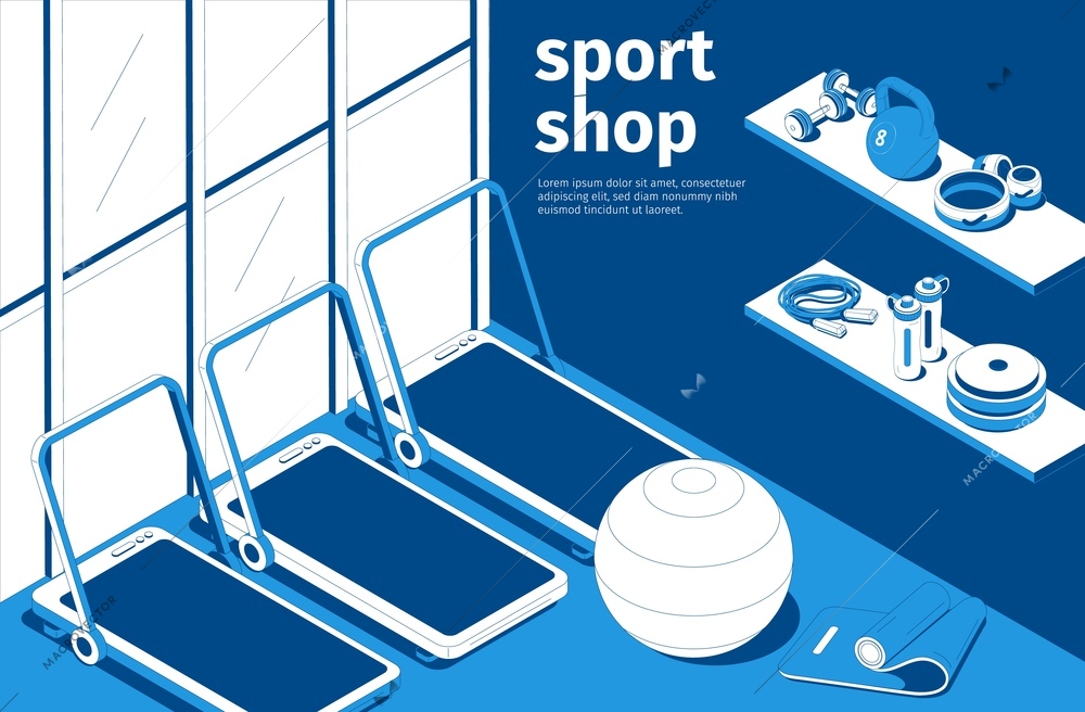 Sportshop interior blue white isometric composition with treadmills fitness ball barbells weights strength exercise equipment vector illustration