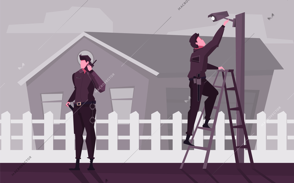 Home security flat background with guards  installing video cameras near residential building vector illustration