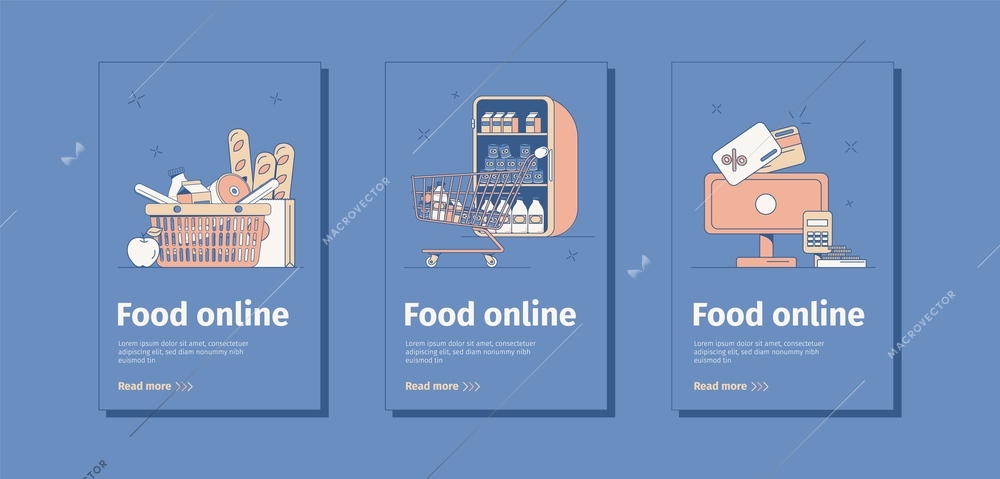 Flat composition of three food online banners with shopping cart trolley products cash desk isolated on blue background vector illustration