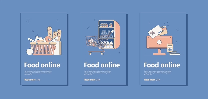 Flat composition of three food online banners with shopping cart trolley products cash desk isolated on blue background vector illustration