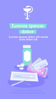 Pharmacy banner stories background with editable text and flat images of medical products pills and syringe vector illustration
