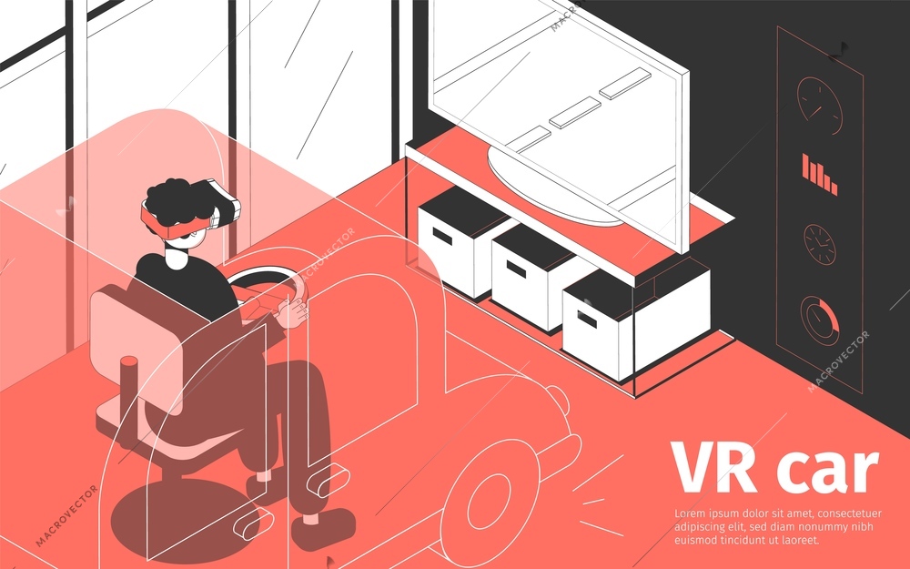 Isometric background with person wearing vr glasses driving car in video game 3d vector illustration