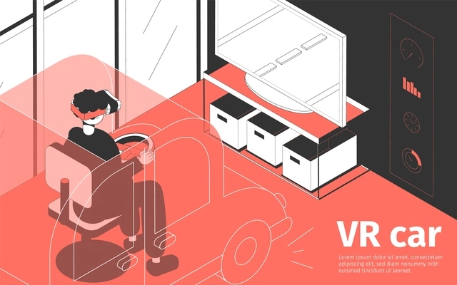 Isometric background with person wearing vr glasses driving car in video game 3d vector illustration