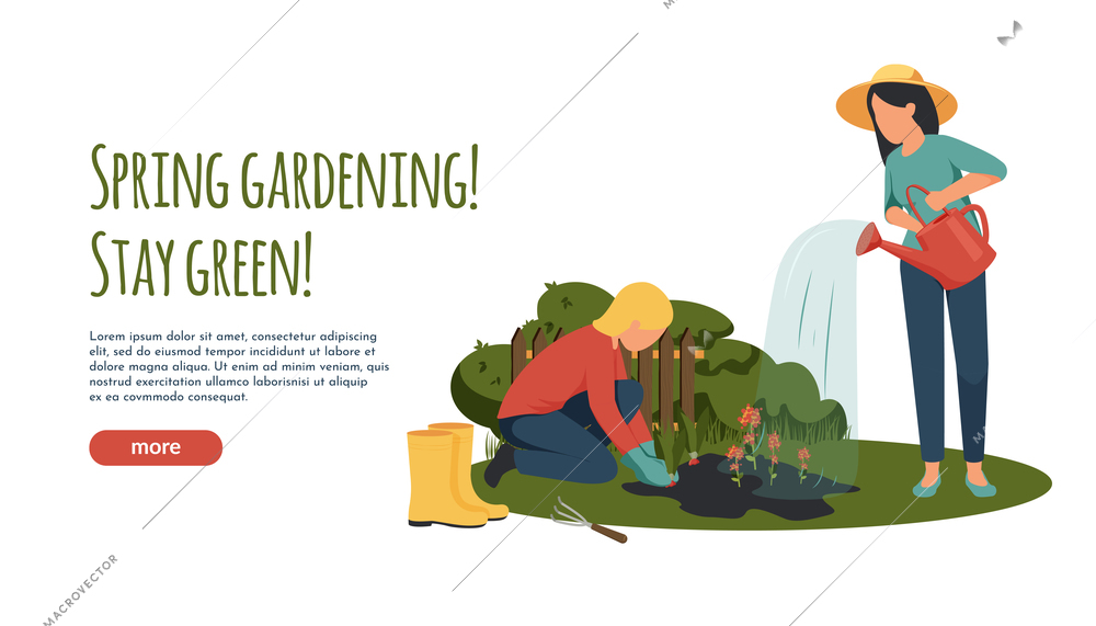 Spring gardening flat background with editable text clickable more button and images of women watering flowers vector illustration