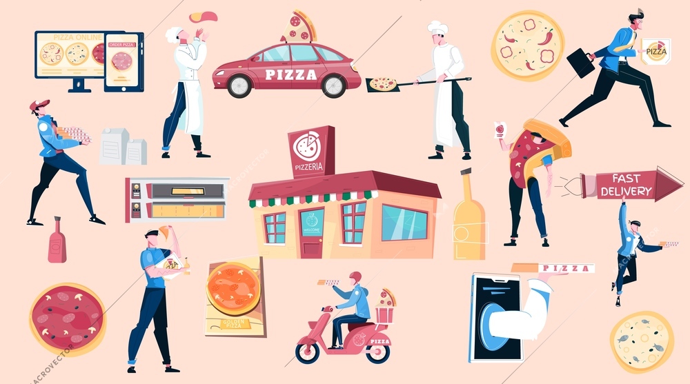 Pizza and people flat set pizzeria house chef making pizza courier and delivery transport isolated vector illustration