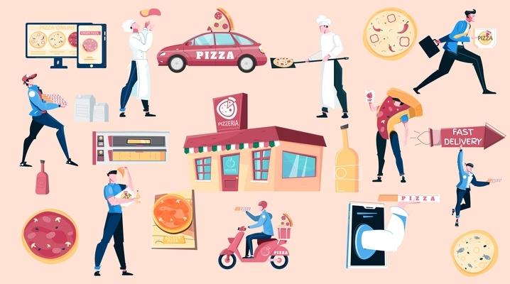 Pizza and people flat set pizzeria house chef making pizza courier and delivery transport isolated vector illustration