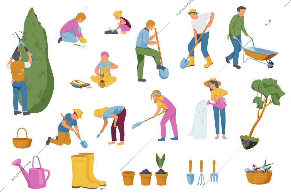 Spring gardening collection of isolated flat icons with gardening instruments ground plants and faceless human characters vector illustration