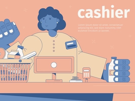 Smiling woman cashier at cash desk in supermarket flat vector illustration