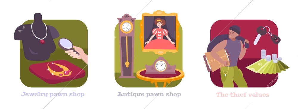 Pawnshop concept 3 flat compositions with antique clocks artwork painting pawn jewelry shop pawnbroker thief vector illustration
