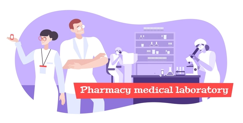 Pharmacy medical laboratory composition with editable text and characters of medical specialists with pharmaceutical lab equipment vector illustration