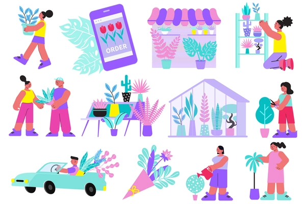 Floristry set of flat icons and isolated images of flowers in hothouse and doodle human characters vector illustration