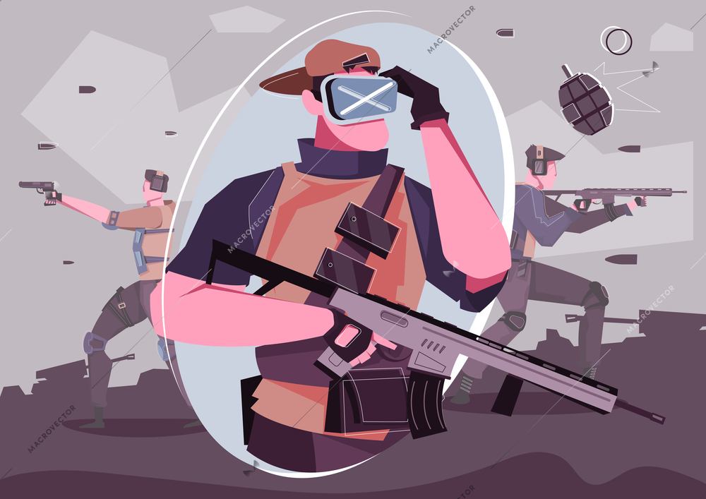 VR war game flat composition with male gamer wearing augmented reality glasses and holding weapon vector illustration