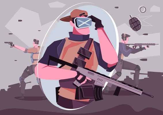 VR war game flat composition with male gamer wearing augmented reality glasses and holding weapon vector illustration