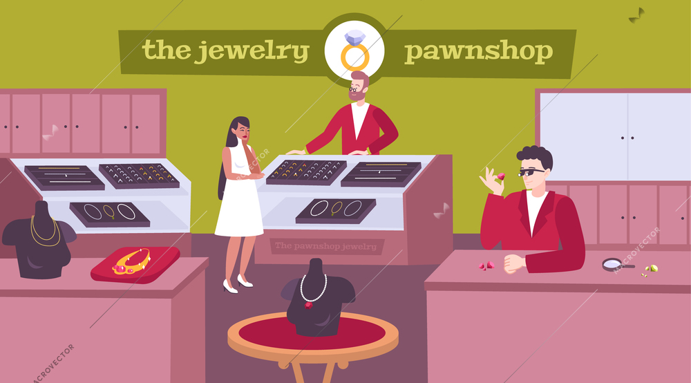 Jewelry pawnshop interior flat composition with lady customer choosing necklace pawnbroker pricing gemstones rings vector illustration