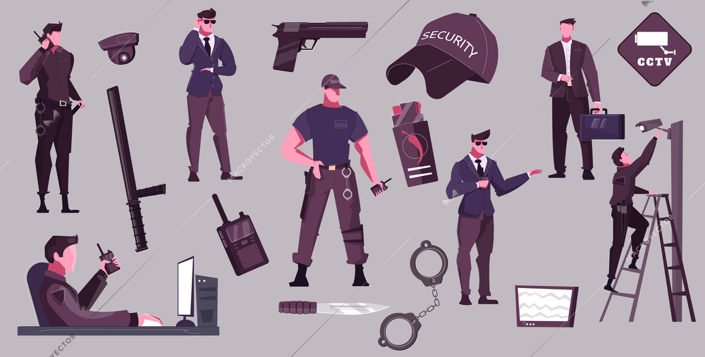 Security service flat set of male characters performing their official duties isolated vector illustration