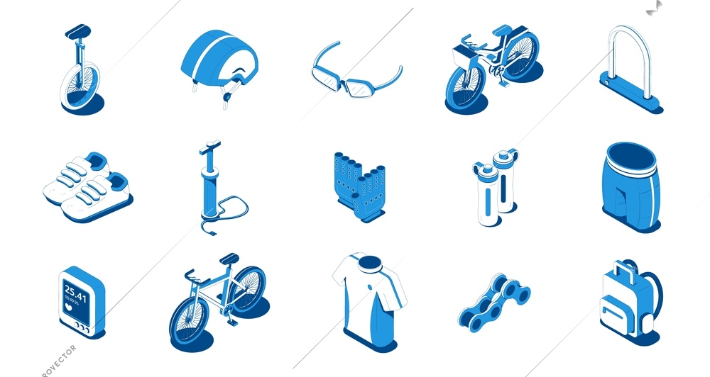 Bicycle isometric icons set with city and mountain bike accessories sportswear lock pump blue isolated vector illustration