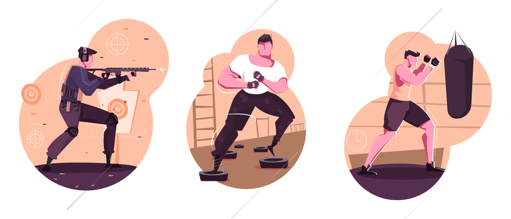 Military training isolated compositions set of adult sporty men boxing shooting combating flat vector illustration