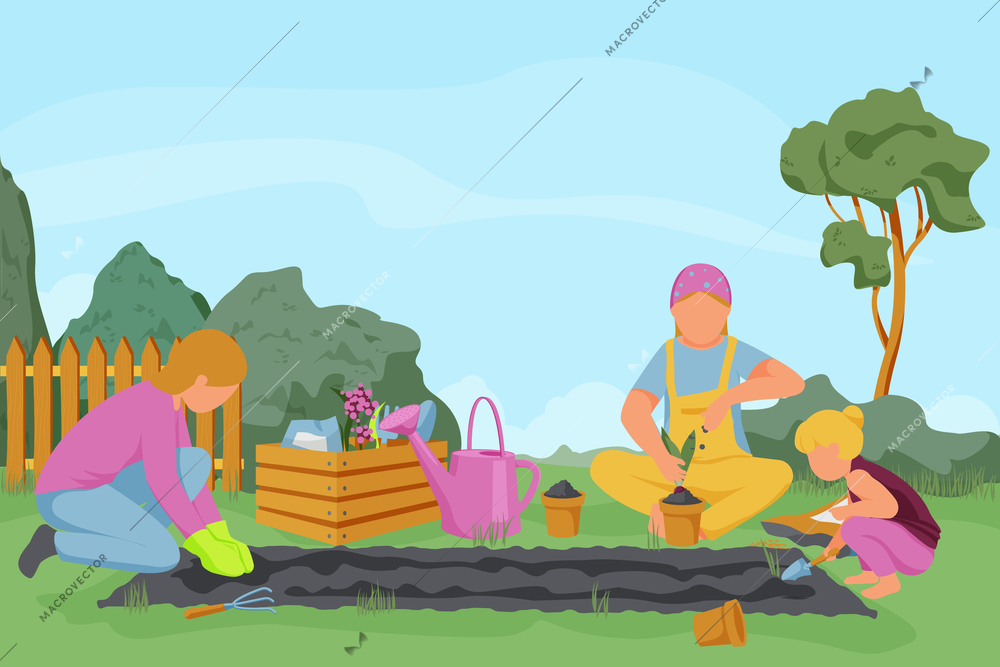 Spring gardening flat composition with outdoor landscape and people of different age weeding ground growing plants vector illustration