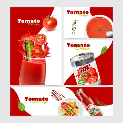 Realistic tomato collection with banners of different size and orientation with text and images of dishes vector illustration