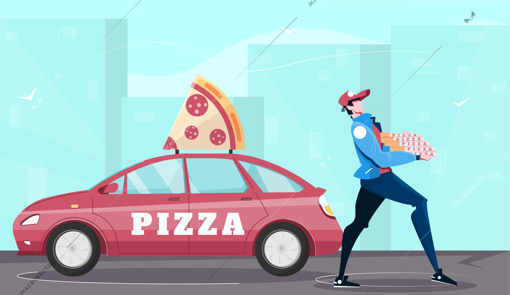 Pizza delivery composition of flat images with cityscape background and pizza guy character with branded automobile vector illustration