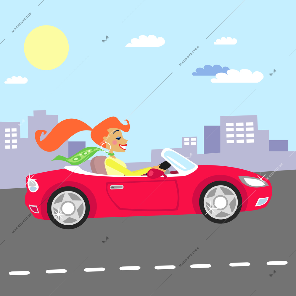 Fashion girl in the red car driving vector illustration