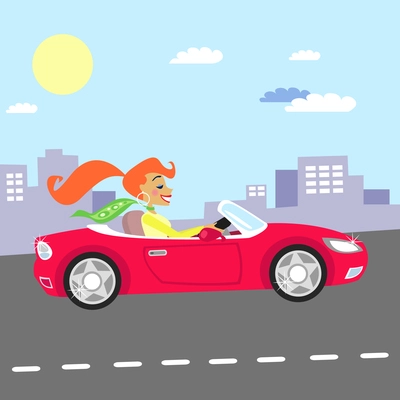 Fashion girl in the red car driving vector illustration