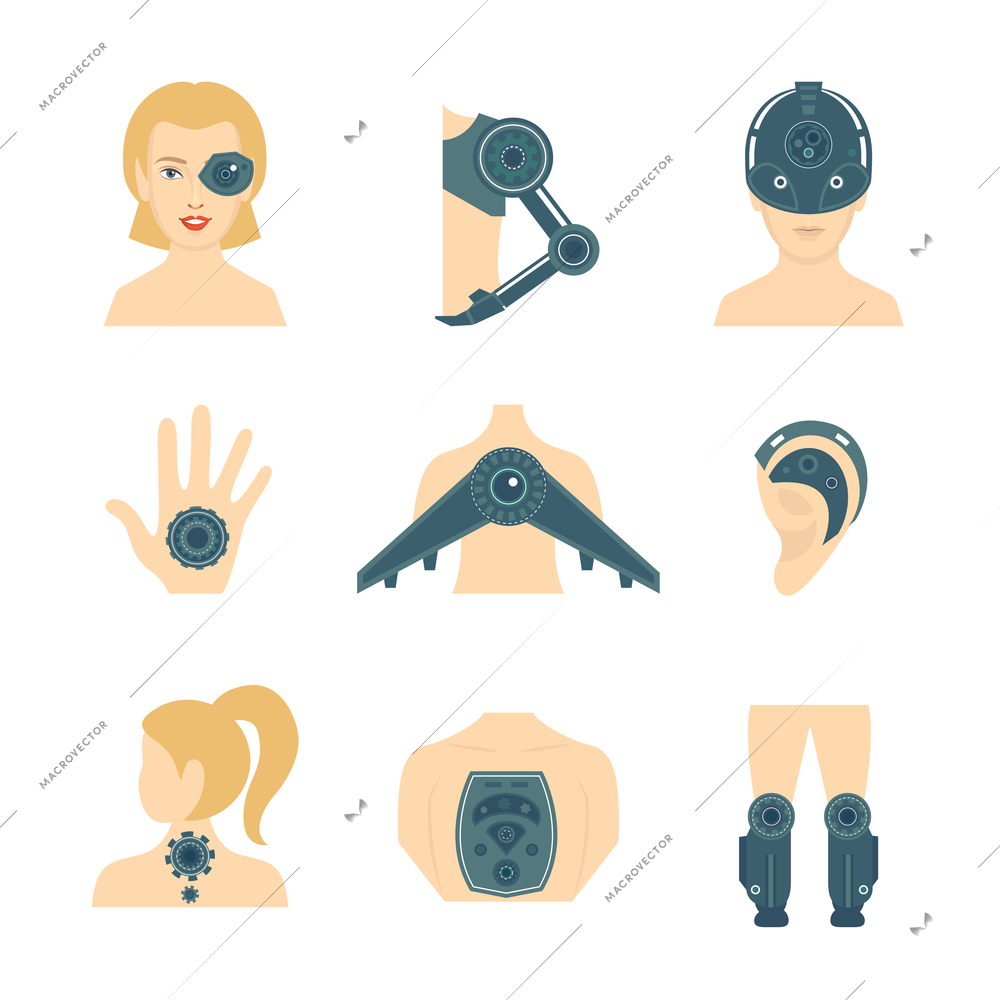 Human robot futuristic digital body parts flat icons set  isolated vector illustration