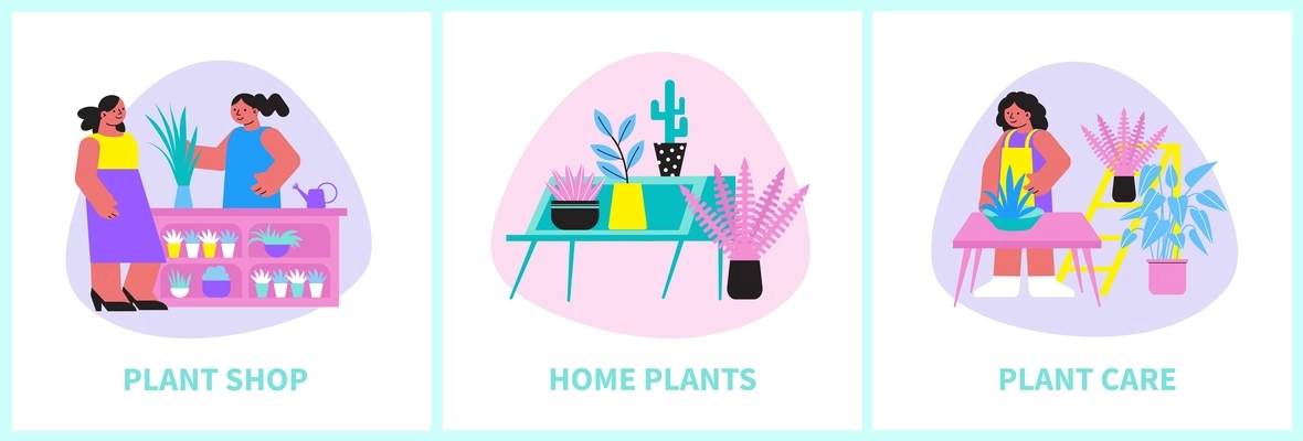 Home plant set of three square compositions with flat images of flowers people and editable text vector illustration