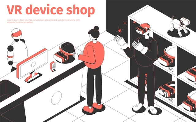 People buying vr devices in futuristic shop 3d isometric vector illustration