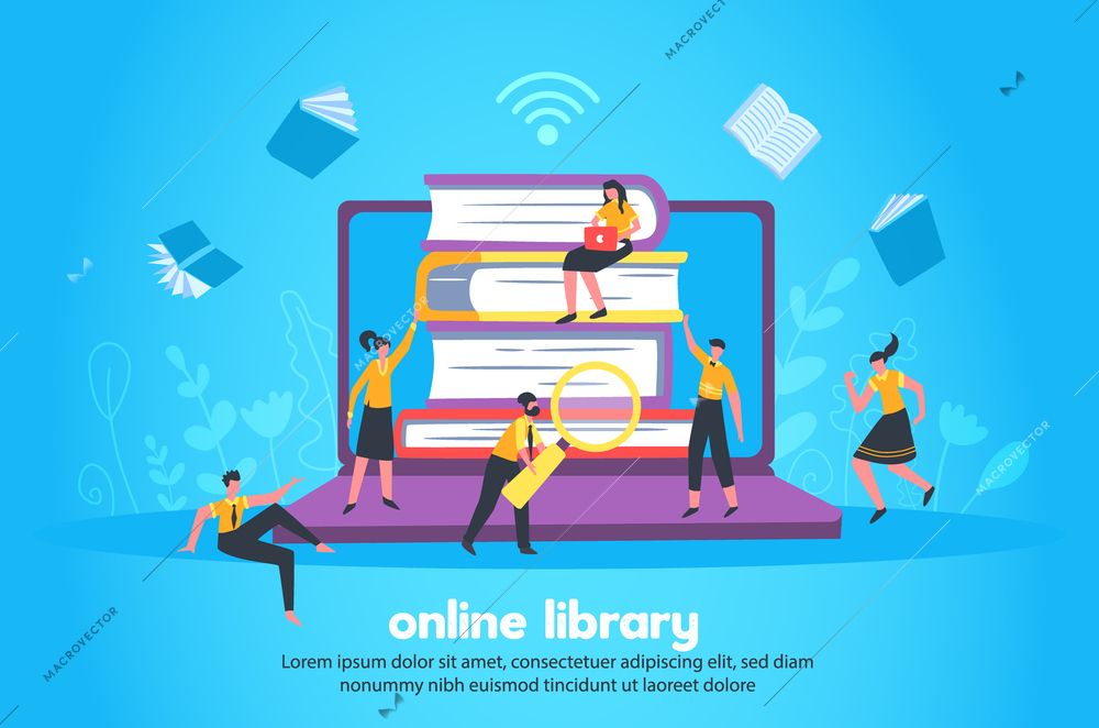 Online library with stack of books and notebook big images wi fi sign and small people figurines vector illustration