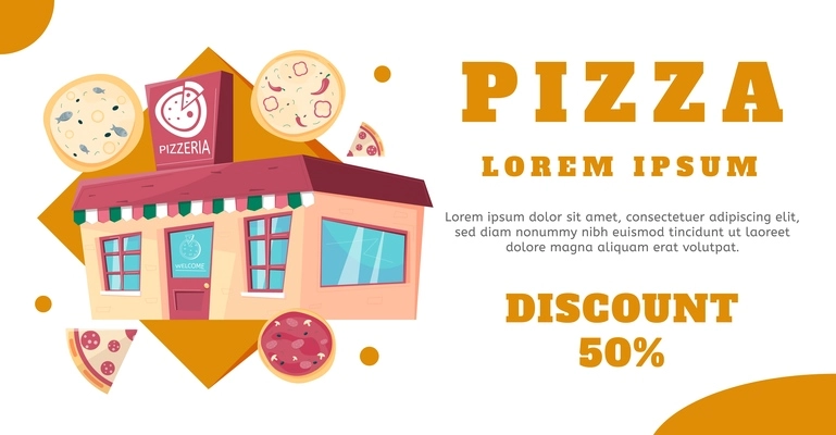 Pizza advertising poster with city pizzeria image and discount offer flat vector illustration