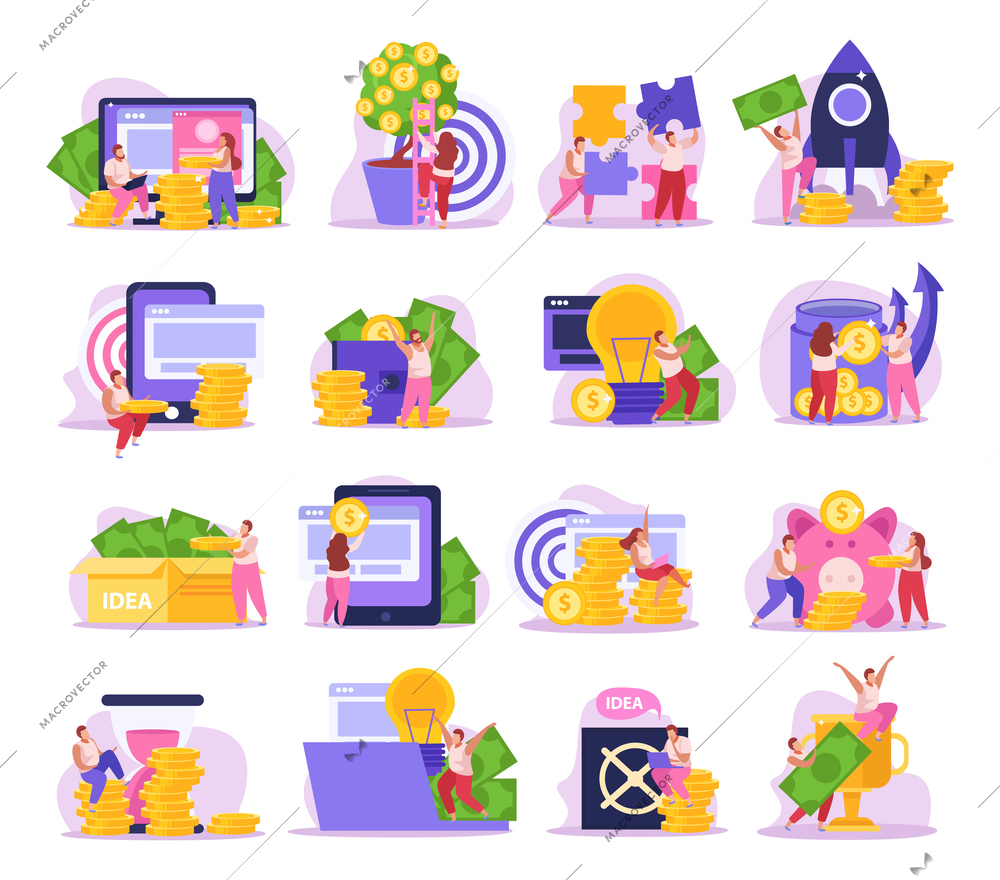 Crowdfunding flat icons set with people collecting money isolated vector illustration