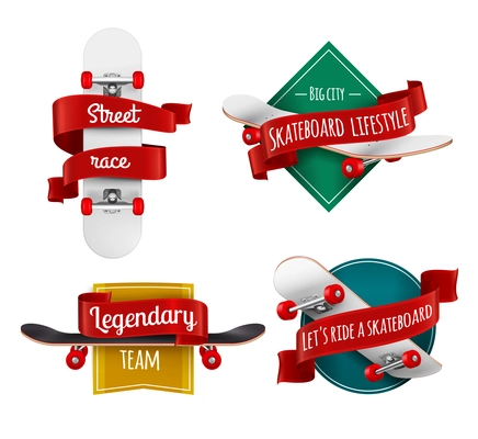Skateboards emblems realistic set with sport inventory decorated with red ribbons vector illustration