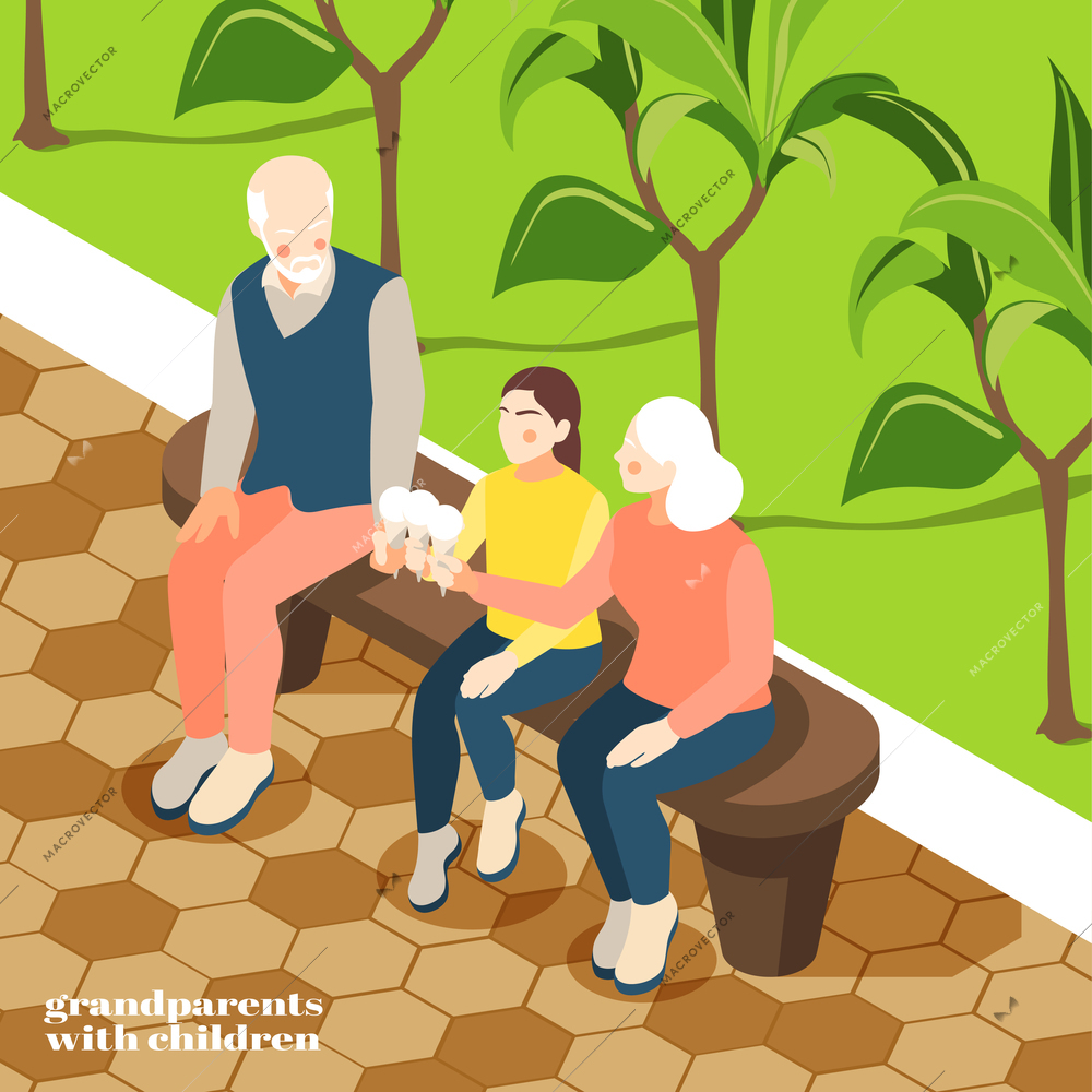 Grandparents with children isometric background with grandmother grandfather and granddaughter eating ice cream on park bench vector illustration