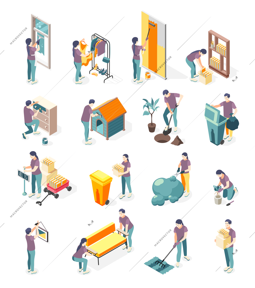 Spring renovation isometric color icons set of  people working in garden throw away garbage   repairing doghouse isolated vector illustration