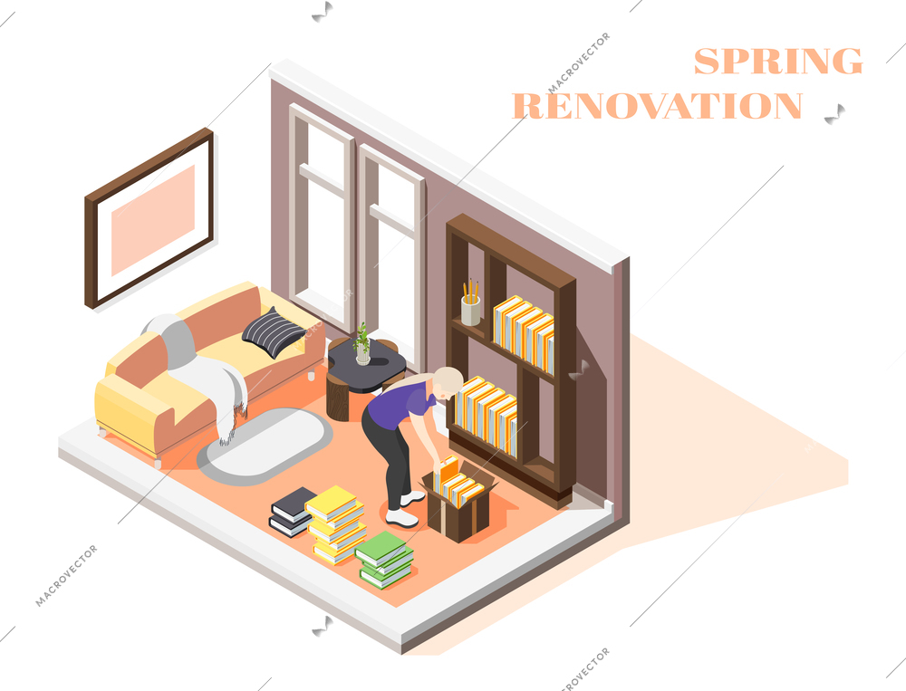 Spring renovation isometric composition with woman performing general cleaning of her room vector illustration