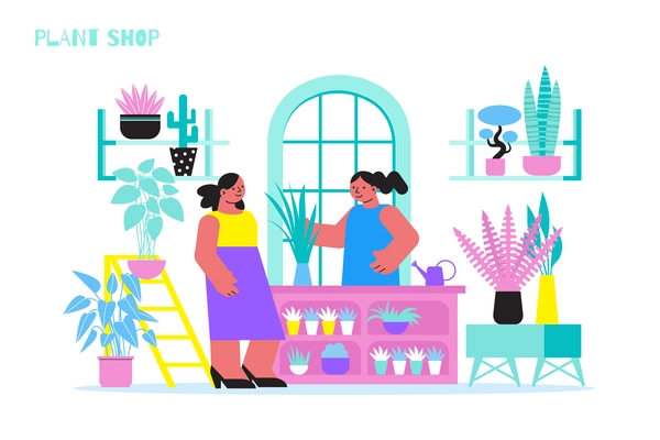 Home plant shop flat composition with doodle style characters of florist with client and domestic flowers vector illustration