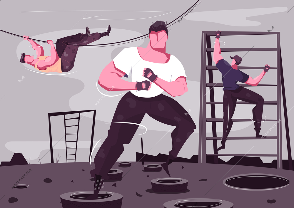 Military training flat composition with brutal sporty male characters climbing and wrestling outdoor vector illustration