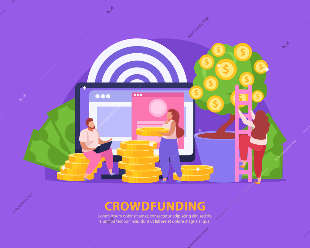 Crowdfunding concept with people collecting money for startup on blue background flat vector illustration