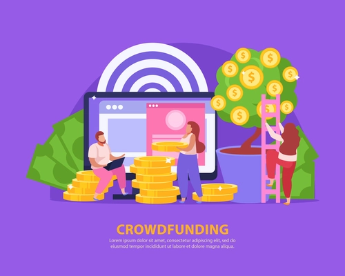 Crowdfunding concept with people collecting money for startup on blue background flat vector illustration