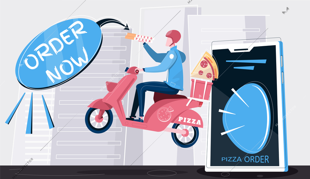 Pizza online order horizontal composition Courier delivery male character riding scooter flat  vector illustration